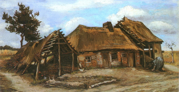 Cottage with Decrepit Barn and Stooping Woman, 1885