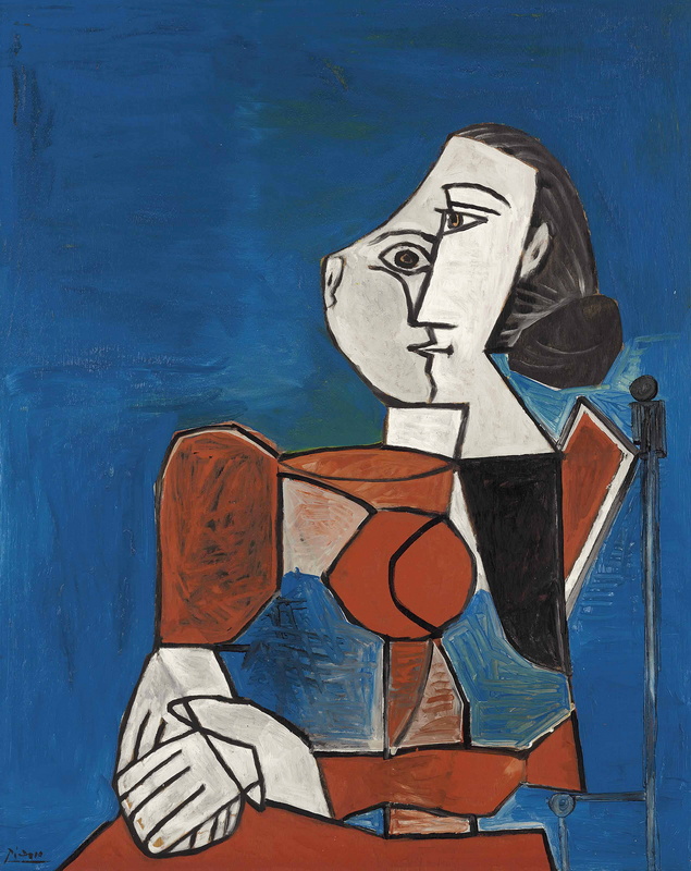 Woman Sitting in Red Suit on Blue Background, 1953