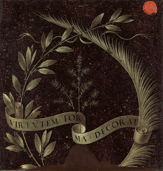 Wreath of Laurel, Palm, and Juniper with a Scroll inscribed Virtutem Forma Decorat by Leonardo da Vinci